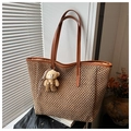 Large capacity woven straw tote bag with brown leather straps and cute bear pendant - Khaki with Pendant