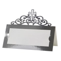 Detail of laser-cut cross and scroll patterns on a silver wedding table place card - 10*10CM / Reflective Silver