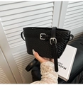 Fashionable black woven texture bucket bag with silver buckles and handle strap - Black