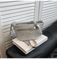 Metallic silver woven faux leather small square handbag with belt buckle and sphere pendant - Silver