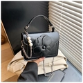 Detail of elegant black shoulder bag with 3D camellia flower and pearl chain strap - Black