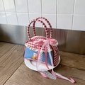 Sweet red and white plaid handbag with blue denim patch, lace trim and cherry detail - Red Grid