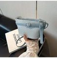 Light blue woven texture crossbody bag with silver buckle and slim shoulder strap - Blue