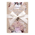 Golden glitter wedding invitation with laser cut rose pattern and white satin bow - Glitter Rose Gold