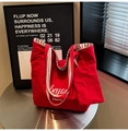 Red plaid tote bag with striped straps and matching pouch for college and daily use - Red