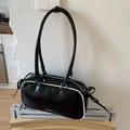 Black wax leather baguette shoulder bag with white piping and bow detail - Black