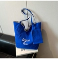 Large bright blue plaid tote bag with small zipper pouch and white beyou text print - Blue