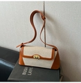 Bolso de lona beige y cuero marrón con elegante cierre de herradura dorado - Marrón