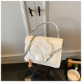 Creamy white PU leather small crossbody bag featuring a 3D camellia and pearl chain - White