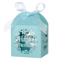 Laser cut light blue birthday candy box with Happy Birthday lettering and silk ribbon - Tiffany Blue