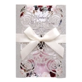 Laser cut glitter silver wedding invitation card with pink rose detail and ribbon bow - Glitter Silver