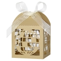 Detailed laser-cut globe pattern on golden pearlescent party favor box with white bow - Champagne Gold