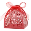 Elegant red laser-cut favor box with heart patterns and a matching ribbon bow - Pearlescent Red