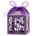 Close-up of purple laser-cut globe candy box with a matching sheer organza ribbon bow - Deep purple
