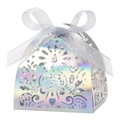 Iridescent laser-cut favor box with heart vine patterns and a blue ribbon bow tie - Mirror Iridescent