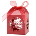 Detail of red laser-cut Happy Birthday candy box with silk ribbon bow decoration - Pearlescent Red