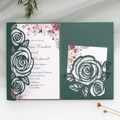 Elegant emerald green laser cut rose wedding invitation set with floral inner card - Ink Green