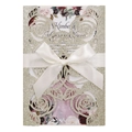 Golden glitter laser cut wedding invitation with white satin bow and floral details - Light Gold Glitter