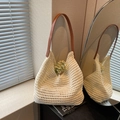 Beige hollow knit tote bag with brown leather straps and white daisy floral decor - Off-white