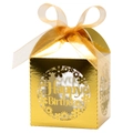 Detail view of a laser-cut gold gift box featuring a Happy Birthday wreath and ribbon bow - Reflective Gold