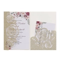 Elegante invito di nozze rosa tagliato al laser con glitter oro e inserto floreale - Oro Chiaro Glitter