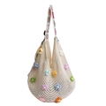 Sac fourre-tout au crochet fait main avec fleurs 3D et bandoulière arc-en-ciel colorée - Beige