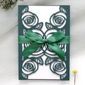 Detailed laser-cut rose pattern invitation with dark green ribbon and silk bow kit - Dark Green