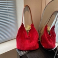 Red crochet knit hobo tote bag with brown leather straps and metal rivets decoration - Burgundy