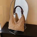 Handmade straw tote bag with beaded wood handle and woven texture for beach vacation - Khaki