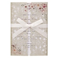 Elegant laser cut gold glitter wedding invitation set with white satin ribbon and floral insert - Light Gold Glitter