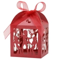 Detail of red laser-cut disco party candy box with dancer silhouettes and music notes - Pearlescent Red