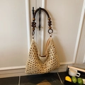 Handcrafted beige straw tote with wooden bead straps and diamond mesh crochet patterns - Beige