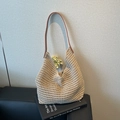 Chic beige crochet hobo tote bag with brown leather strap and airy hollow knit design - Khaki