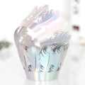 Detailed holographic cupcake wrapper featuring intricate laser-cut feather designs for party - Feather Pattern Style (WB-210) / Holographic Silver 5x5x8cm