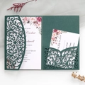 Dark green laser cut wedding invitation with intricate scroll pattern and floral inner card - Dark Green