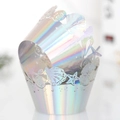 Detail of laser-cut iridescent crown cake wrapper with ocean-themed starfish and shell patterns - Ocean Theme Style (WB-42) / Holographic Silver 5x5x8cm