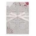 Invito matrimonio argento glitterato taglio laser con nastro bianco e inserto floreale - Argento Scintillante