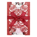 Elegant red glitter laser-cut rose invitation card with a satin ribbon and floral insert - Red Glitter