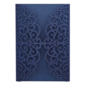 Close-up of laser-cut dark blue pearl paper wedding invitation with floral patterns - Magic Blue