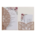 Detail of laser cut glitter wedding invitation with pink floral RSVP cards - Apple Gold