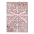 Rose gold glitter laser cut wedding invitation with elegant floral lace and pink bow - Glitter Pink