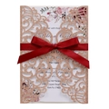 Elegant laser-cut glitter paper wedding invitation with red silk ribbon and floral insert - Apple Gold