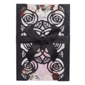 Detailed laser cut black glitter invitation with floral insert and black ribbon bow - Glitter Black