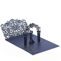 3D laser cut navy blue wedding invitation card featuring a romantic couple under flower arch - Magic Blue