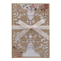 Detailed laser-cut brown kraft wedding invitation with white ribbon and floral print - Beige Gold