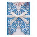 Blue glitter hollow lace wedding invitation with white silk ribbon and floral insert - Royal Blue