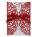 Glittery red laser-cut wedding invitation with elegant satin bow and floral inner card - Red