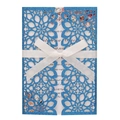 Laser cut blue glitter wedding invitation card with ribbon bow and floral insert - Sapphire Blue