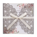 Elegant laser cut wedding invitation with silver glitter finish and silk ribbon bow - Silver Glitter