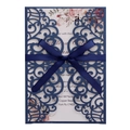Navy blue laser-cut wedding invitation with satin ribbon and floral printed insert card - Magic Blue